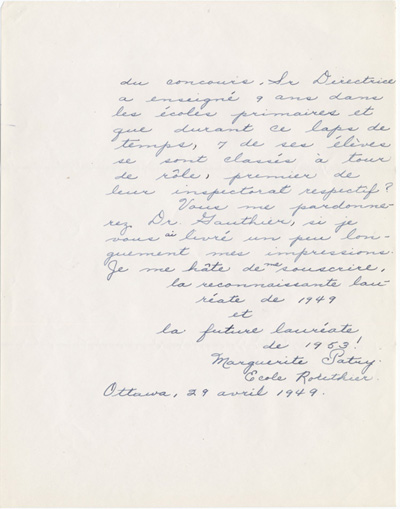 Reproduction de la quatri&egrave;me page d’une lettre de Marguerite Patry, laur&eacute;ate du concours provincial de fran&ccedil;ais de l’Ontario en 1949, &agrave; Robert Gauthier, directeur de l’enseignement fran&ccedil;ais, minist&egrave;re de l’&Eacute;ducation de l’Ontario, 29 avril 1949.