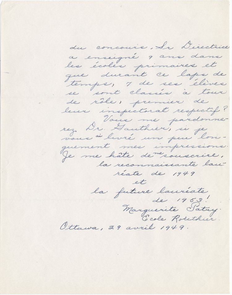 Reproduction de la quatri&egrave;me page d’une lettre de Marguerite Patry, laur&eacute;ate du concours provincial de fran&ccedil;ais de l’Ontario en 1949, &agrave; Robert Gauthier, directeur de l’enseignement fran&ccedil;ais, minist&egrave;re de l’&Eacute;ducation de l’Ontario, 29 avril 1949.