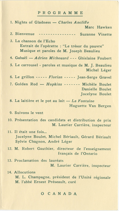 Reproduction de la deuxi&egrave;me page du programme en hommages et f&eacute;licitations &agrave; Robert Gauthier, &agrave; l’occasion de son vingt-cinqui&egrave;me anniversaire &agrave; titre de directeur de l’enseignement fran&ccedil;ais de l’Ontario, c&eacute;l&eacute;br&eacute; &agrave; Orl&eacute;ans (Ontario), 1962.