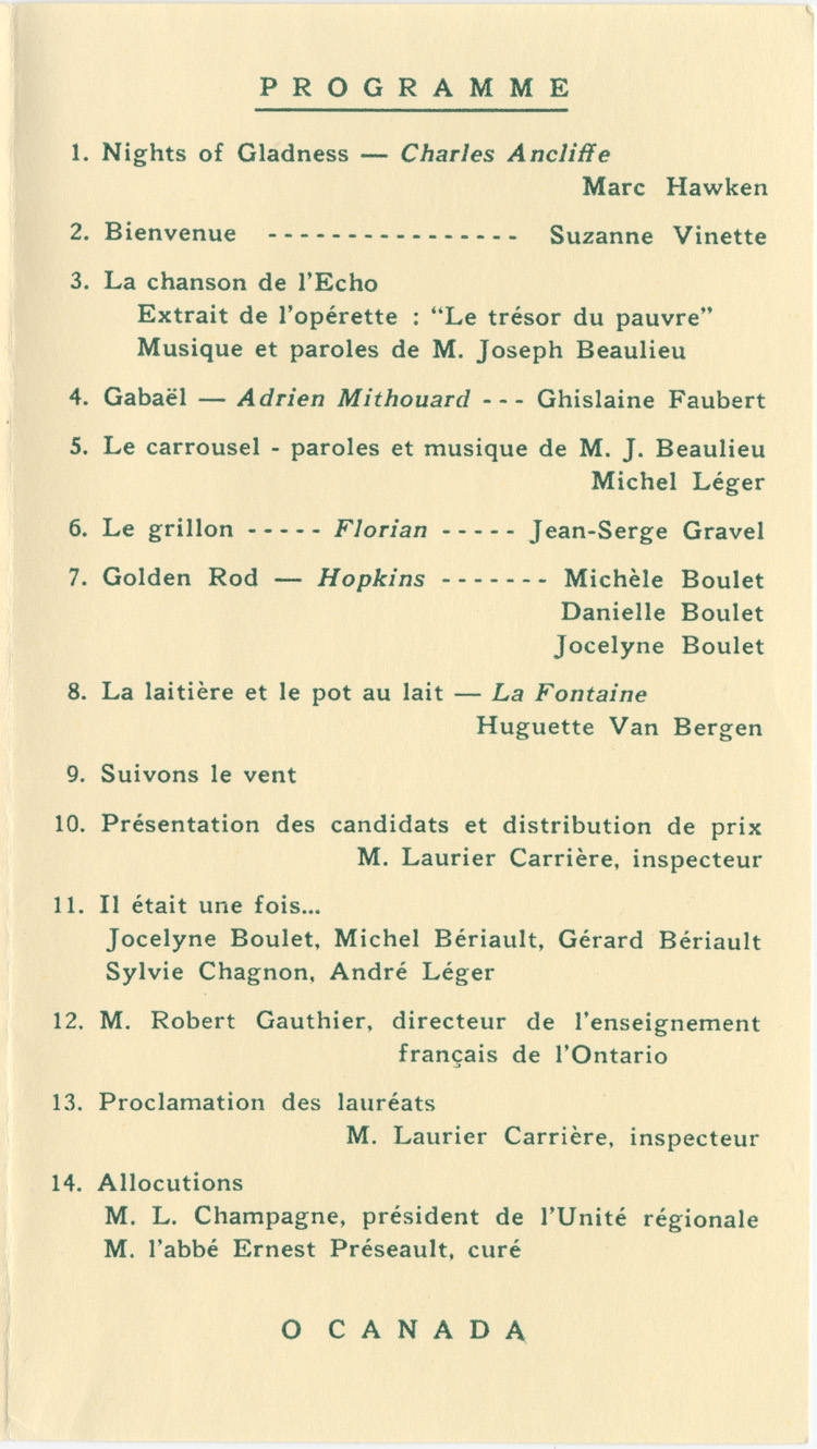 Reproduction de la deuxi&egrave;me page du programme en hommages et f&eacute;licitations &agrave; Robert Gauthier, &agrave; l’occasion de son vingt-cinqui&egrave;me anniversaire &agrave; titre de directeur de l’enseignement fran&ccedil;ais de l’Ontario, c&eacute;l&eacute;br&eacute; &agrave; Orl&eacute;ans (Ontario), 1962.