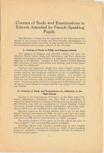 Reproduction de la troisi&egrave;me page de la circulaire 46 du minist&egrave;re de l’&Eacute;ducation de l’Ontario intitul&eacute;e Courses of Study in Schools Attended by French-Speaking Pupils (Circular 46), janvier 1928.
