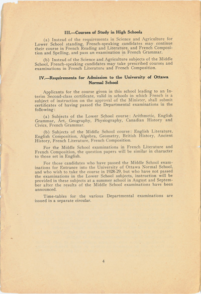 Reproduction de la quatri&egrave;me page de la circulaire 46 du minist&egrave;re de l’&Eacute;ducation de l’Ontario intitul&eacute;e Courses of Study in Schools Attended by French-Speaking Pupils (Circular 46), janvier 1928.