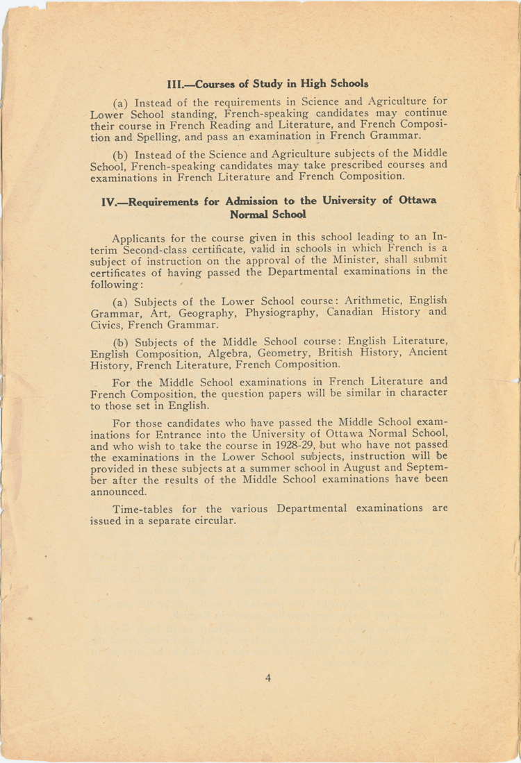 Reproduction de la quatrième page de la circulaire 46 du ministère de l’Éducation de l’Ontario intitulée Courses of Study in Schools Attended by French-Speaking Pupils (Circular 46), janvier 1928.