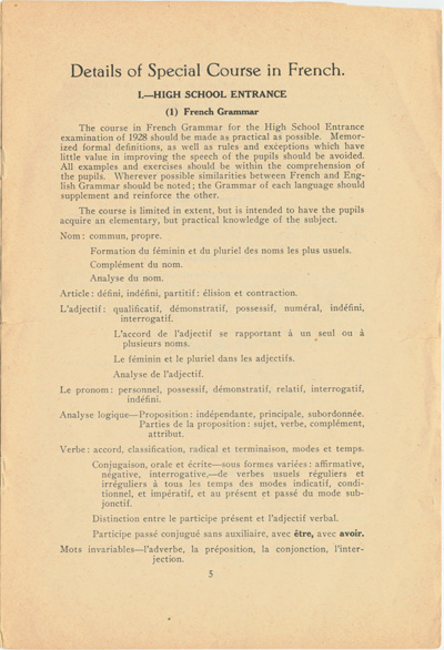 Reproduction de la cinqui&egrave;me page de la circulaire 46 du minist&egrave;re de l’&Eacute;ducation de l’Ontario intitul&eacute;e Courses of Study in Schools Attended by French-Speaking Pupils (Circular 46), janvier 1928.