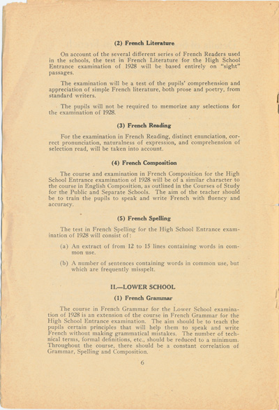 Reproduction de la sixi&egrave;me page de la circulaire 46 du minist&egrave;re de l’&Eacute;ducation de l’Ontario intitul&eacute;e Courses of Study in Schools Attended by French-Speaking Pupils (Circular 46), janvier 1928.