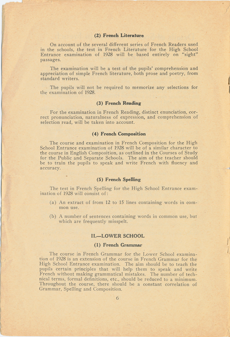 Reproduction de la sixième page de la circulaire 46 du ministère de l’Éducation de l’Ontario intitulée Courses of Study in Schools Attended by French-Speaking Pupils (Circular 46), janvier 1928.