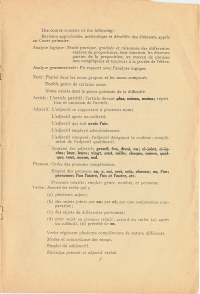 Reproduction de la septi&egrave;me page de la circulaire 46 du minist&egrave;re de l’&Eacute;ducation de l’Ontario intitul&eacute;e Courses of Study in Schools Attended by French-Speaking Pupils (Circular 46), janvier 1928.