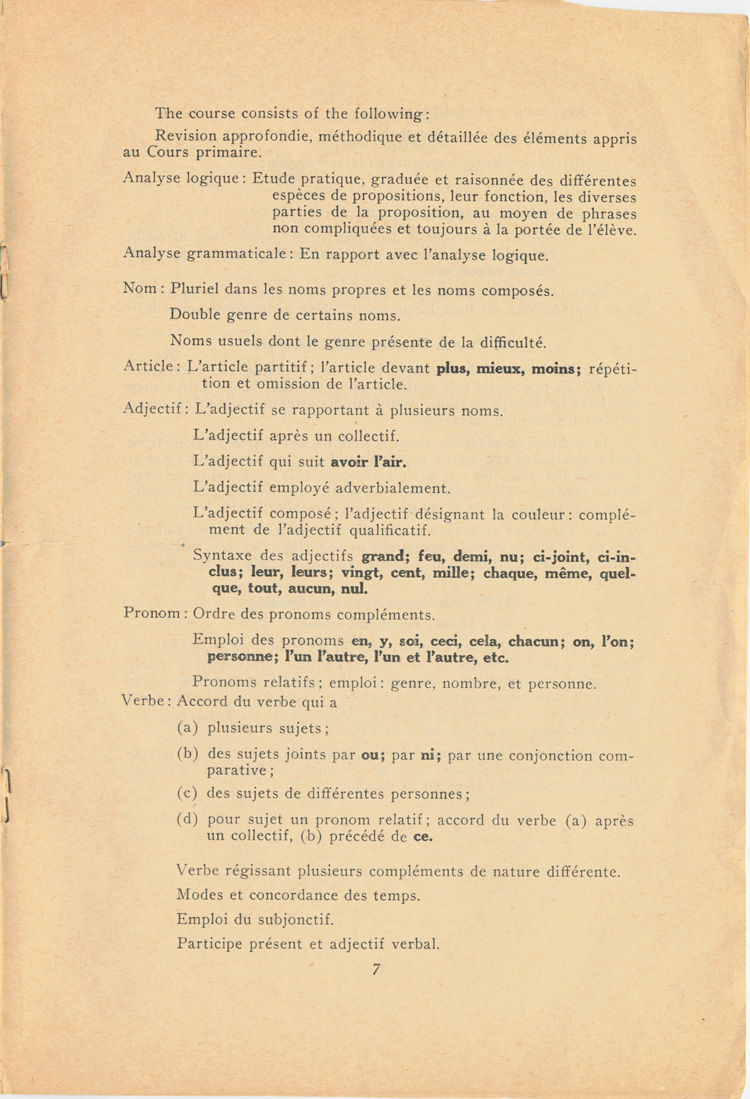 Reproduction de la septième page de la circulaire 46 du ministère de l’Éducation de l’Ontario intitulée Courses of Study in Schools Attended by French-Speaking Pupils (Circular 46), janvier 1928.
