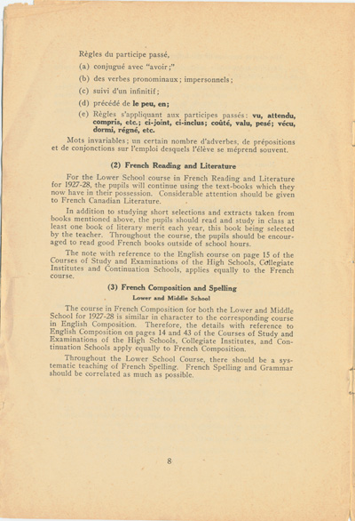Reproduction de la huiti&egrave;me page de la circulaire 46 du minist&egrave;re de l’&Eacute;ducation de l’Ontario intitul&eacute;e Courses of Study in Schools Attended by French-Speaking Pupils (Circular 46), janvier 1928.