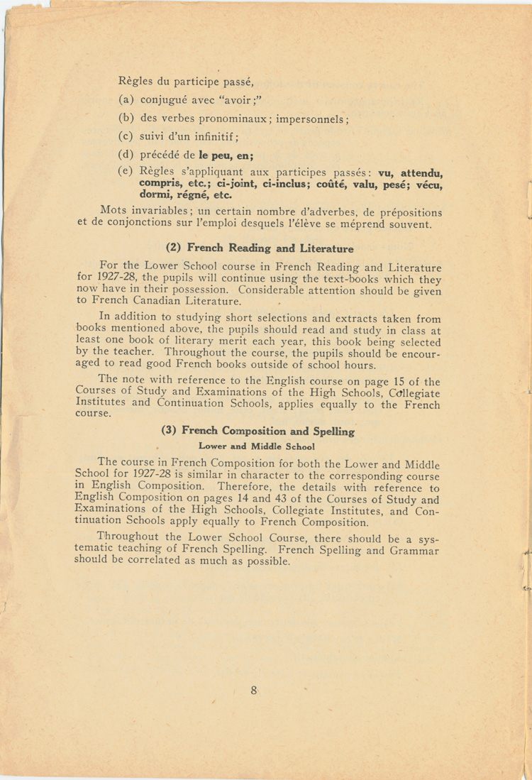 Reproduction de la huitième page de la circulaire 46 du ministère de l’Éducation de l’Ontario intitulée Courses of Study in Schools Attended by French-Speaking Pupils (Circular 46), janvier 1928.
