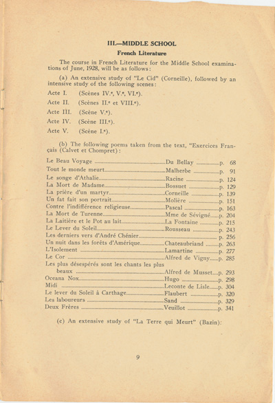 Reproduction de la neuvi&egrave;me page de la circulaire 46 du minist&egrave;re de l’&Eacute;ducation de l’Ontario intitul&eacute;e Courses of Study in Schools Attended by French-Speaking Pupils (Circular 46), janvier 1928.