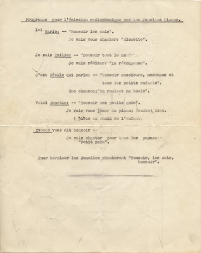 Reproduction d’un programme pr&eacute;par&eacute; par Ga&euml;tane V&eacute;zina pour une &eacute;mission radiophonique avec les jumelles Dionne, 1942.