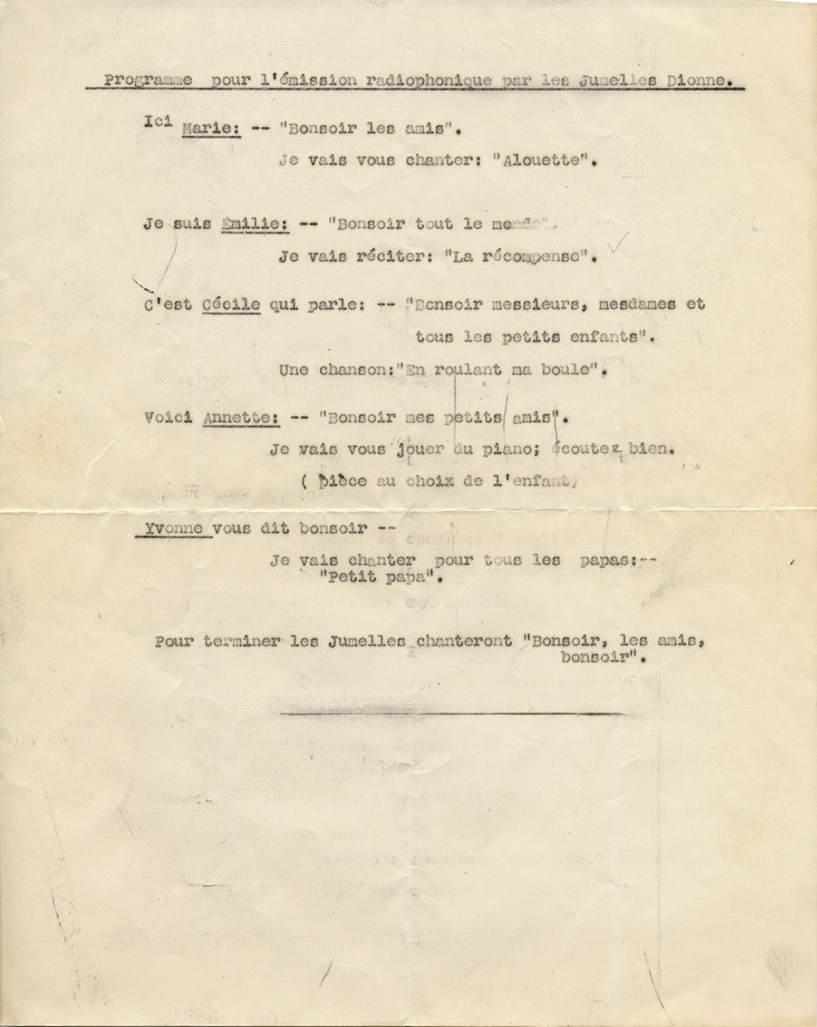 Reproduction d’un programme pr&eacute;par&eacute; par Ga&euml;tane V&eacute;zina pour une &eacute;mission radiophonique avec les jumelles Dionne, 1942.