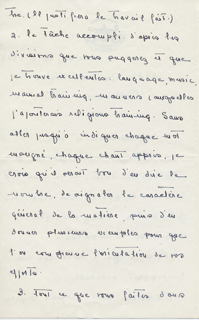 Reproduction de la deuxi&egrave;me page d’une lettre de Ren&eacute; Lamoureux, directeur de l’&Eacute;cole normale de l’Universit&eacute; d’Ottawa, &agrave; Ga&euml;tane V&eacute;zina, enseignante &agrave; la pouponni&egrave;re des jumelles Dionne, 21 janvier 1939.