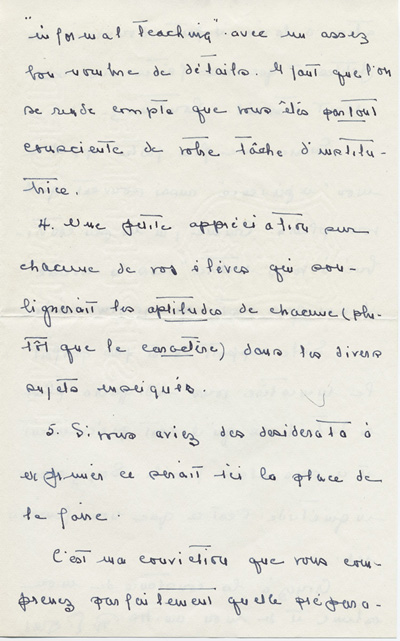 Reproduction de la troisi&egrave;me page d’une lettre de Ren&eacute; Lamoureux, directeur de l’&Eacute;cole normale de l’Universit&eacute; d’Ottawa, &agrave; Ga&euml;tane V&eacute;zina, enseignante &agrave; la pouponni&egrave;re des jumelles Dionne, 21 janvier 1939.