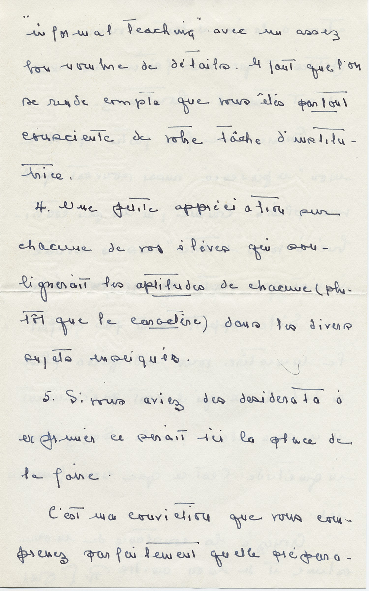 Reproduction de la troisi&egrave;me page d’une lettre de Ren&eacute; Lamoureux, directeur de l’&Eacute;cole normale de l’Universit&eacute; d’Ottawa, &agrave; Ga&euml;tane V&eacute;zina, enseignante &agrave; la pouponni&egrave;re des jumelles Dionne, 21 janvier 1939.