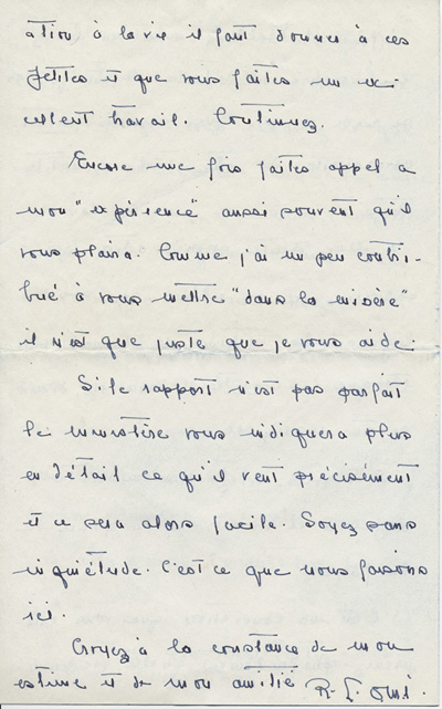 Reproduction de la quatri&egrave;me page d’une lettre de Ren&eacute; Lamoureux, directeur de l’&Eacute;cole normale de l’Universit&eacute; d’Ottawa, &agrave; Ga&euml;tane V&eacute;zina, enseignante &agrave; la pouponni&egrave;re des jumelles Dionne, 21 janvier 1939.