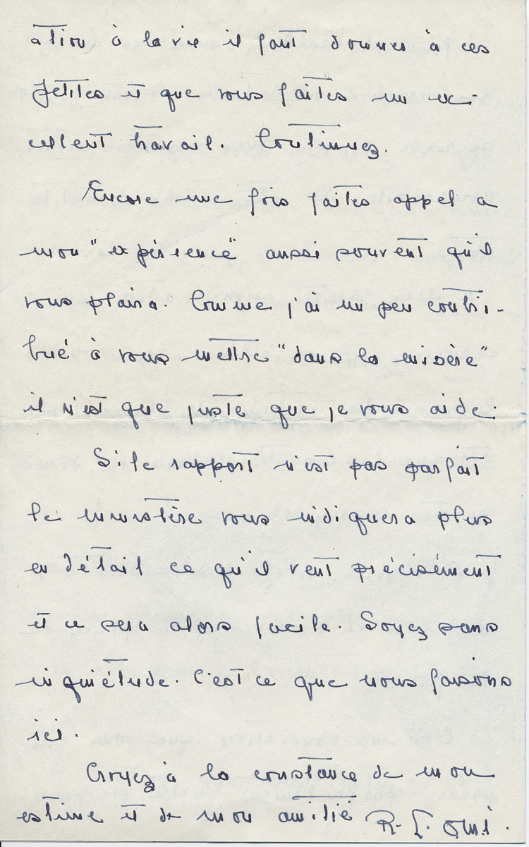 Reproduction de la quatri&egrave;me page d’une lettre de Ren&eacute; Lamoureux, directeur de l’&Eacute;cole normale de l’Universit&eacute; d’Ottawa, &agrave; Ga&euml;tane V&eacute;zina, enseignante &agrave; la pouponni&egrave;re des jumelles Dionne, 21 janvier 1939.
