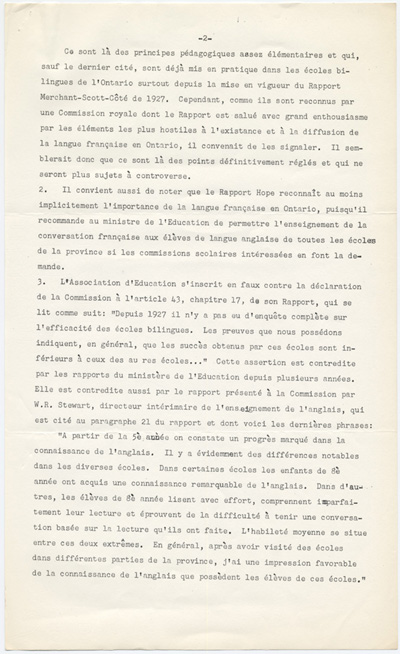 Reproduction de la deuxi&egrave;me page de la D&eacute;claration de l’Association canadienne-fran&ccedil;aise de l’Ontario au sujet des recommandations de la Commission Hope sur les &eacute;coles bilingues, 28 mars 1951.
