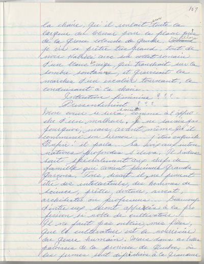 Reproduction de la cent septi&egrave;me page des m&eacute;moires de Marie-Rose Girard o&ugrave; elle raconte la migration de sa famille de Saint-Stanislas (Qu&eacute;bec) vers Cochrane (Ontario) en 1922, entre 1968 et 1970.