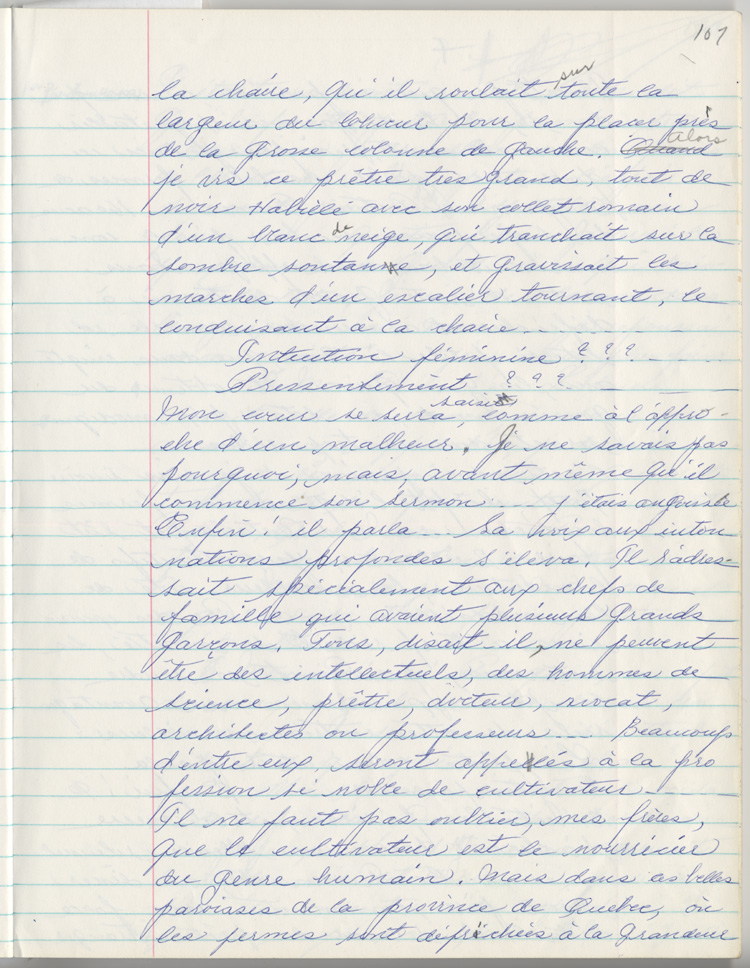 Reproduction de la cent septi&egrave;me page des m&eacute;moires de Marie-Rose Girard o&ugrave; elle raconte la migration de sa famille de Saint-Stanislas (Qu&eacute;bec) vers Cochrane (Ontario) en 1922, entre 1968 et 1970.