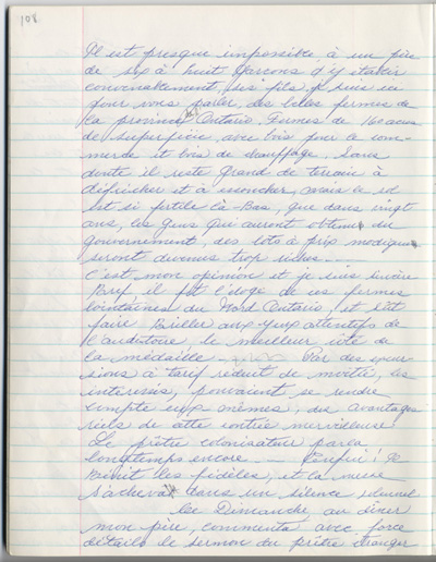 Reproduction de la cent huiti&egrave;me page des m&eacute;moires de Marie-Rose Girard o&ugrave; elle raconte la migration de sa famille de Saint-Stanislas (Qu&eacute;bec) vers Cochrane (Ontario) en 1922, entre 1968 et 1970.
