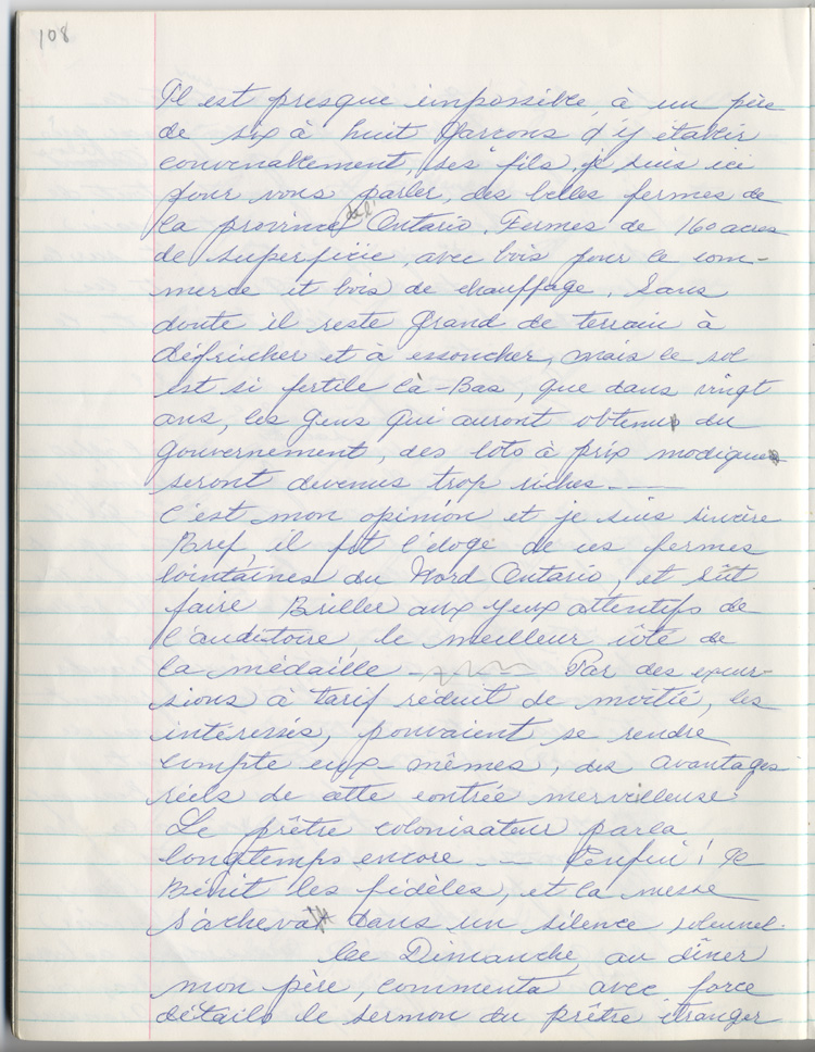Reproduction de la cent huiti&egrave;me page des m&eacute;moires de Marie-Rose Girard o&ugrave; elle raconte la migration de sa famille de Saint-Stanislas (Qu&eacute;bec) vers Cochrane (Ontario) en 1922, entre 1968 et 1970.