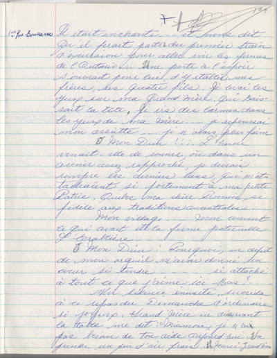 Reproduction de la cent neuvi&egrave;me page des m&eacute;moires de Marie-Rose Girard o&ugrave; elle raconte la migration de sa famille de Saint-Stanislas (Qu&eacute;bec) vers Cochrane (Ontario) en 1922, entre 1968 et 1970.