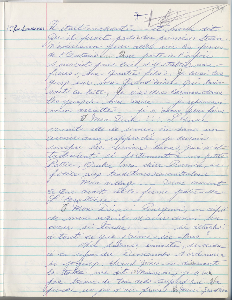 Reproduction de la cent neuvi&egrave;me page des m&eacute;moires de Marie-Rose Girard o&ugrave; elle raconte la migration de sa famille de Saint-Stanislas (Qu&eacute;bec) vers Cochrane (Ontario) en 1922, entre 1968 et 1970.