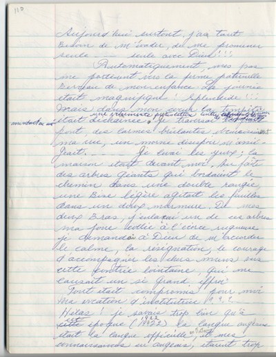 Reproduction de la cent dixi&egrave;me page des m&eacute;moires de Marie-Rose Girard o&ugrave; elle raconte la migration de sa famille de Saint-Stanislas (Qu&eacute;bec) vers Cochrane (Ontario) en 1922, entre 1968 et 1970.