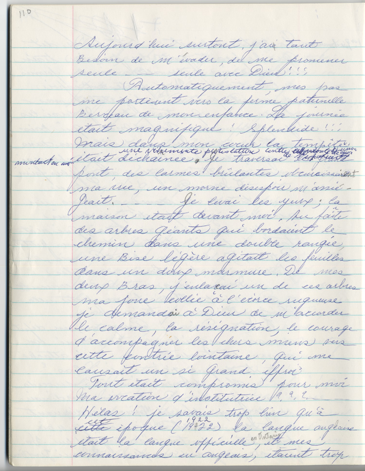 Reproduction de la cent dixi&egrave;me page des m&eacute;moires de Marie-Rose Girard o&ugrave; elle raconte la migration de sa famille de Saint-Stanislas (Qu&eacute;bec) vers Cochrane (Ontario) en 1922, entre 1968 et 1970.