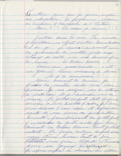 Reproduction de la cent onzi&egrave;me page des m&eacute;moires de Marie-Rose Girard o&ugrave; elle raconte la migration de sa famille de Saint-Stanislas (Qu&eacute;bec) vers Cochrane (Ontario) en 1922, entre 1968 et 1970.