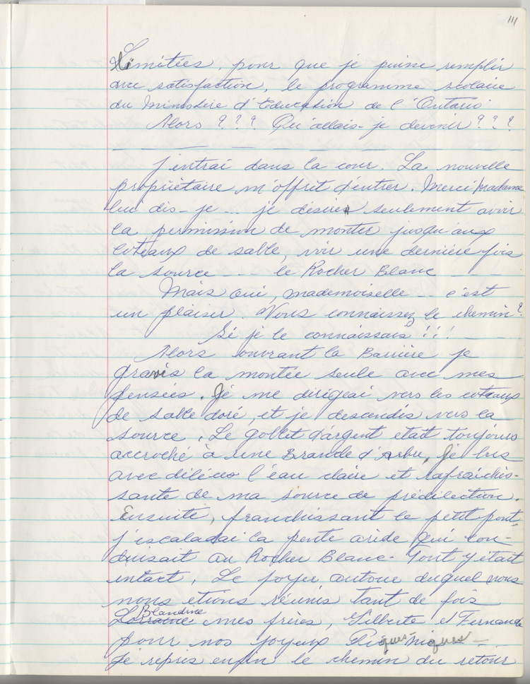 Reproduction de la cent onzi&egrave;me page des m&eacute;moires de Marie-Rose Girard o&ugrave; elle raconte la migration de sa famille de Saint-Stanislas (Qu&eacute;bec) vers Cochrane (Ontario) en 1922, entre 1968 et 1970.