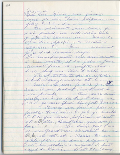 Reproduction de la cent quatorzi&egrave;me page des m&eacute;moires de Marie-Rose Girard o&ugrave; elle raconte la migration de sa famille de Saint-Stanislas (Qu&eacute;bec) vers Cochrane (Ontario) en 1922, entre 1968 et 1970.