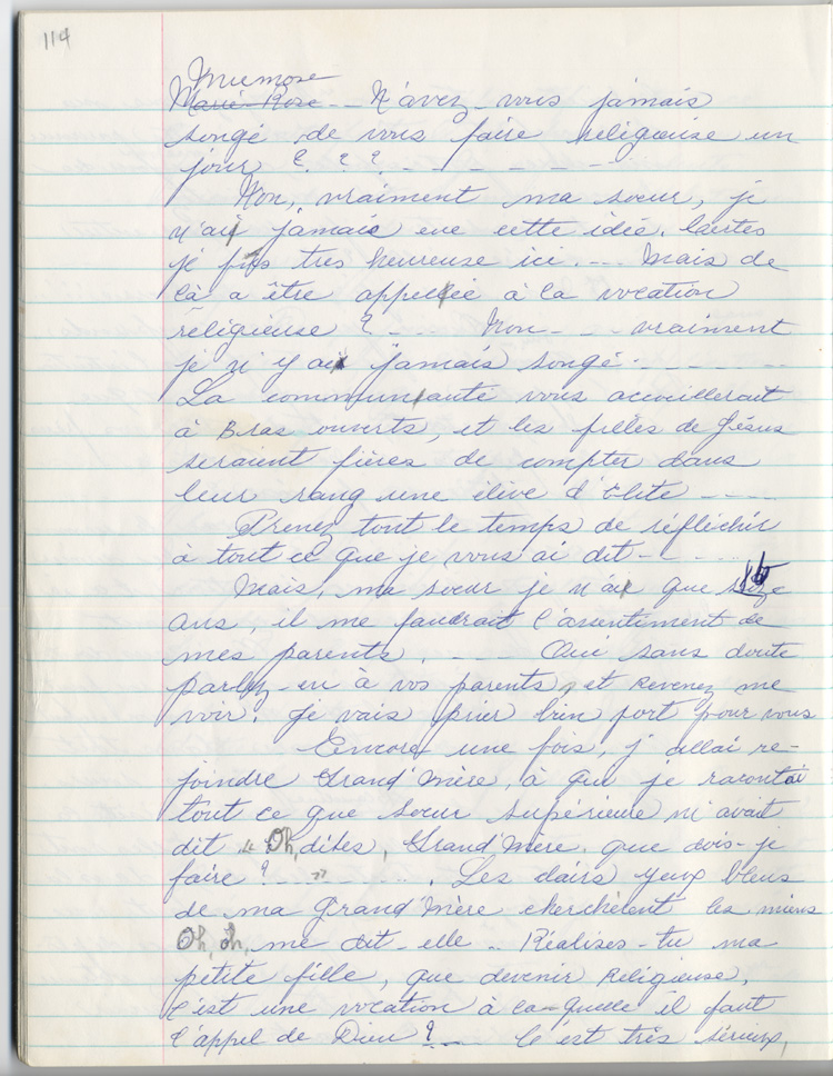 Reproduction de la cent quatorzi&egrave;me page des m&eacute;moires de Marie-Rose Girard o&ugrave; elle raconte la migration de sa famille de Saint-Stanislas (Qu&eacute;bec) vers Cochrane (Ontario) en 1922, entre 1968 et 1970.