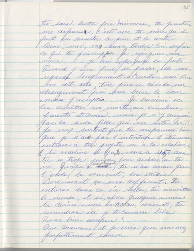 Reproduction de la cent quinzi&egrave;me page des m&eacute;moires de Marie-Rose Girard o&ugrave; elle raconte la migration de sa famille de Saint-Stanislas (Qu&eacute;bec) vers Cochrane (Ontario) en 1922, entre 1968 et 1970.