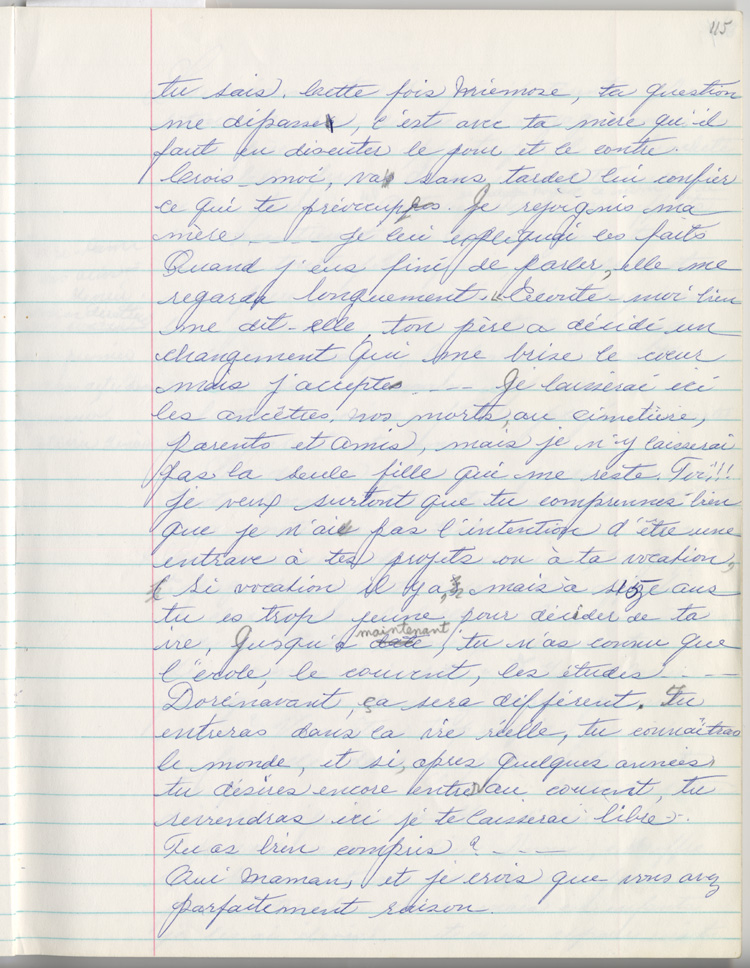Reproduction de la cent quinzi&egrave;me page des m&eacute;moires de Marie-Rose Girard o&ugrave; elle raconte la migration de sa famille de Saint-Stanislas (Qu&eacute;bec) vers Cochrane (Ontario) en 1922, entre 1968 et 1970.