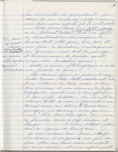 Reproduction de la cent seizi&egrave;me page des m&eacute;moires de Marie-Rose Girard o&ugrave; elle raconte la migration de sa famille de Saint-Stanislas (Qu&eacute;bec) vers Cochrane (Ontario) en 1922, entre 1968 et 1970.