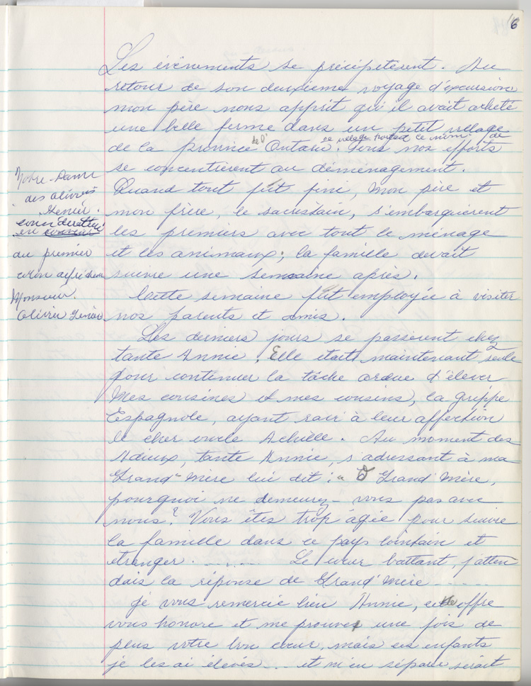 Reproduction de la cent seizi&egrave;me page des m&eacute;moires de Marie-Rose Girard o&ugrave; elle raconte la migration de sa famille de Saint-Stanislas (Qu&eacute;bec) vers Cochrane (Ontario) en 1922, entre 1968 et 1970.