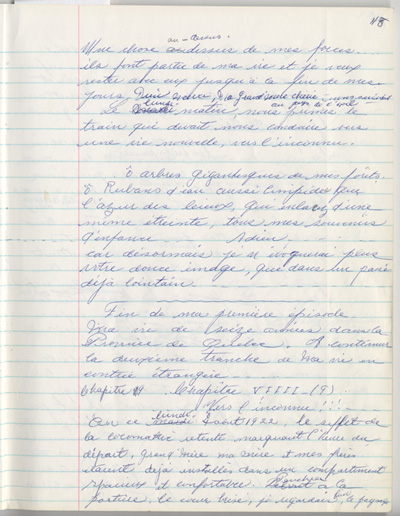 Reproduction de la cent dix-huiti&egrave;me page des m&eacute;moires de Marie-Rose Girard o&ugrave; elle raconte la migration de sa famille de Saint-Stanislas (Qu&eacute;bec) vers Cochrane (Ontario) en 1922, entre 1968 et 1970.