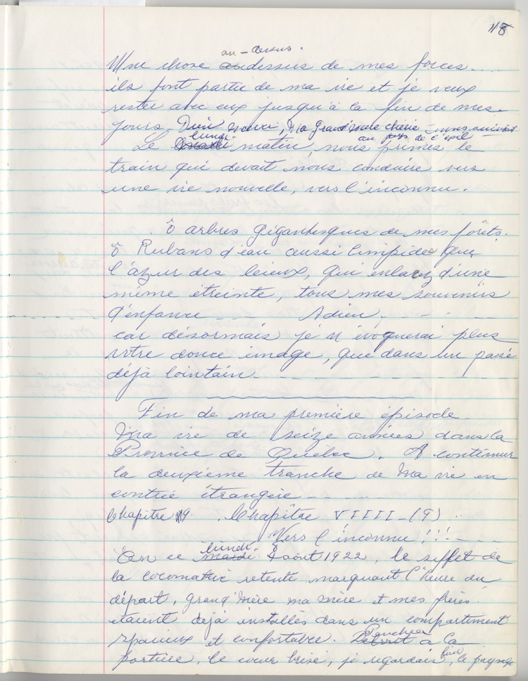 Reproduction de la cent dix-huiti&egrave;me page des m&eacute;moires de Marie-Rose Girard o&ugrave; elle raconte la migration de sa famille de Saint-Stanislas (Qu&eacute;bec) vers Cochrane (Ontario) en 1922, entre 1968 et 1970.