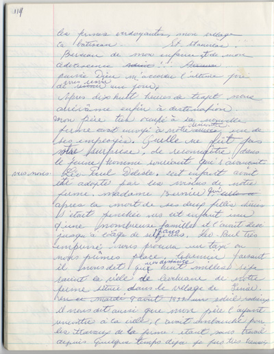 Reproduction de la cent dix-neuvi&egrave;me page des m&eacute;moires de Marie-Rose Girard o&ugrave; elle raconte la migration de sa famille de Saint-Stanislas (Qu&eacute;bec) vers Cochrane (Ontario) en 1922, entre 1968 et 1970.