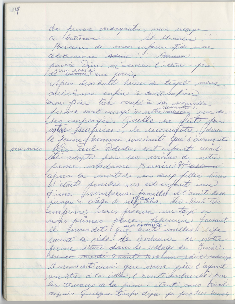 Reproduction de la cent dix-neuvi&egrave;me page des m&eacute;moires de Marie-Rose Girard o&ugrave; elle raconte la migration de sa famille de Saint-Stanislas (Qu&eacute;bec) vers Cochrane (Ontario) en 1922, entre 1968 et 1970.