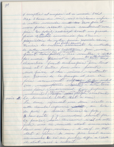 Reproduction de la cent vingti&egrave;me page des m&eacute;moires de Marie-Rose Girard o&ugrave; elle raconte la migration de sa famille de Saint-Stanislas (Qu&eacute;bec) vers Cochrane (Ontario) en 1922, entre 1968 et 1970.