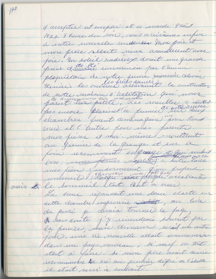 Reproduction de la cent vingti&egrave;me page des m&eacute;moires de Marie-Rose Girard o&ugrave; elle raconte la migration de sa famille de Saint-Stanislas (Qu&eacute;bec) vers Cochrane (Ontario) en 1922, entre 1968 et 1970.