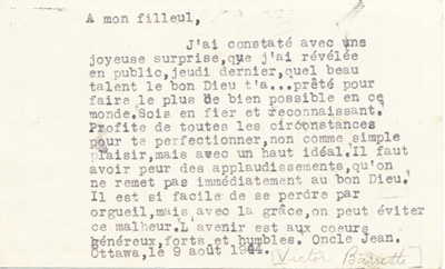 Reproduction du verso d’une carte postale de l’Oncle Jean, Victor Barrette, &agrave; son filleul Jean M&eacute;nard, 9 ao&ucirc;t 1944.