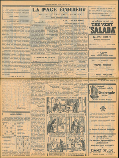 Reproduction de la huiti&egrave;me et de la neuvi&egrave;me page, section de l’hebdomadaire La Feuille d’&eacute;rable intitul&eacute;e La page &eacute;coli&egrave;re, 26 janvier 1939.