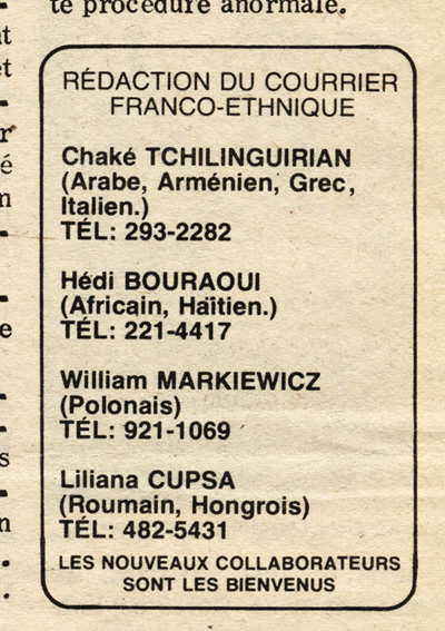 Reproduction d’un encadr&eacute; paru &agrave; la huiti&egrave;me page du quatri&egrave;me num&eacute;ro du premier volume du journal Le Toronto Express pr&eacute;sentant l’&eacute;quipe de r&eacute;daction de la chronique Courrier franco-ethnique, avril 1976.