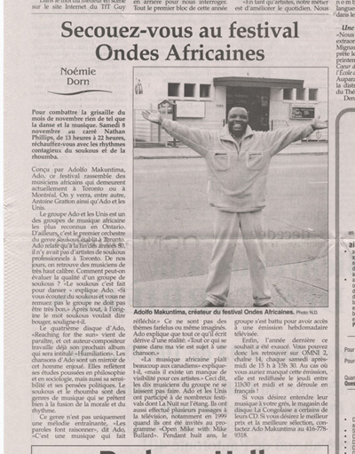 Reproduction d’un article de No&eacute;mie Dorn sur le festival Ondes africaines, paru &agrave; la septi&egrave;me page du quarante-quatri&egrave;me num&eacute;ro de la vingt-huiti&egrave;me ann&eacute;e de L’Express de Toronto, 4 au 10 novembre 2003.