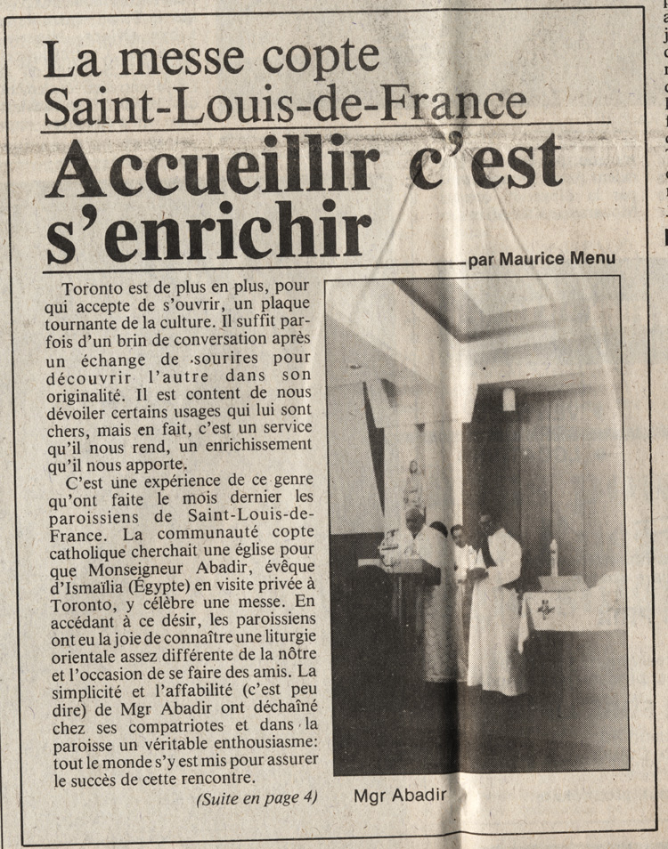 Reproduction d’un article de Maurice Menu sur une messe c&eacute;l&eacute;br&eacute;e selon le rite copte &agrave; la paroisse Saint-Louis-de-France, paru &agrave; la premi&egrave;re page du vingt-septi&egrave;me num&eacute;ro du huiti&egrave;me volume de L’Express de Toronto, 12 au 18 juillet 1983.